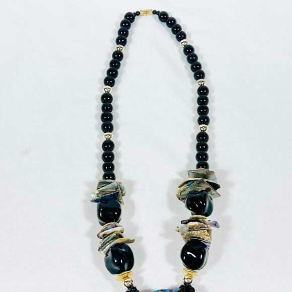 Vintage Abalone Pendant Necklace Stacked Shell Boho Mother Pearl Black Gold 13" - Picture 4 of 8